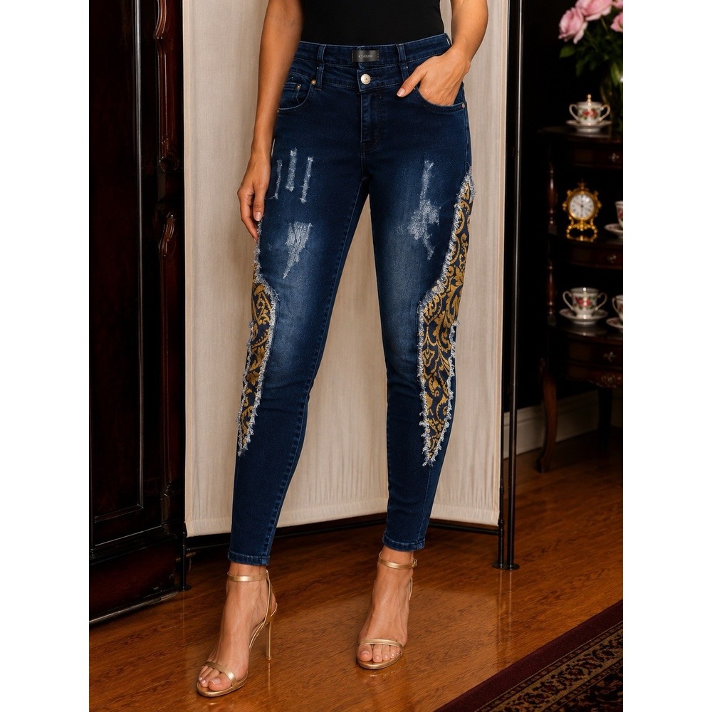 REASON Women's Dark Wash Skinny Jeans Distressed Gold Brocade Patch Detail